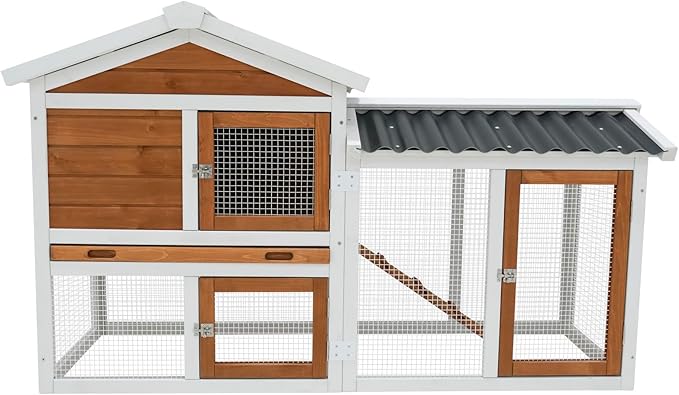 Outdoor Wooden Rabbit Hutch with Waterproof PVC Roof - Includes Staircase, Easy-Clean Tray, Secure Fence Design, Superior Ventilation, and Triple Lockable Access Doors（41314）