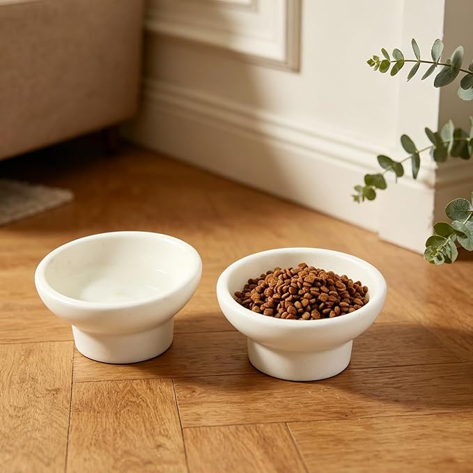 Karibiber Marble Elevated Cat Bowl, White Weighted Raised Cat Food & Water Bowl, Whisker-Friendly Stone Cat Dish with Non-Slip Stand, Heavy Water Bowls for Small Dog