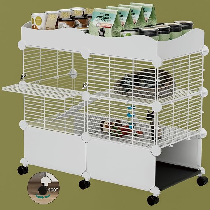 STILLCOVE Small Guinea Pig Cages Indoor, C&C Chinchilla Rat Cage Rabbit House on Wheels with Tray
