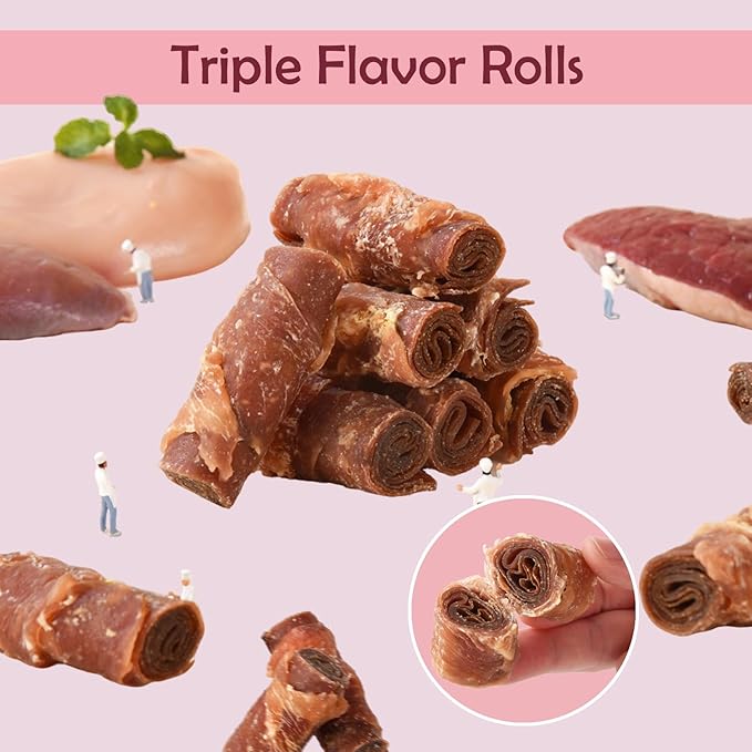 ASMPET Rawhide Free Dog Treats, Triple Flavor Chicken Wrapped Duck and Beef Rolls, Healthy Dog Snacks