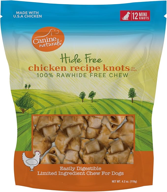 Canine Naturals Chicken Recipe Chew - Rawhide Free Dog Treats - Made from USA Raised Chicken - All-Natural and Easily Digestible - 12 Pack of Mini Knots for Dogs 5-20lb