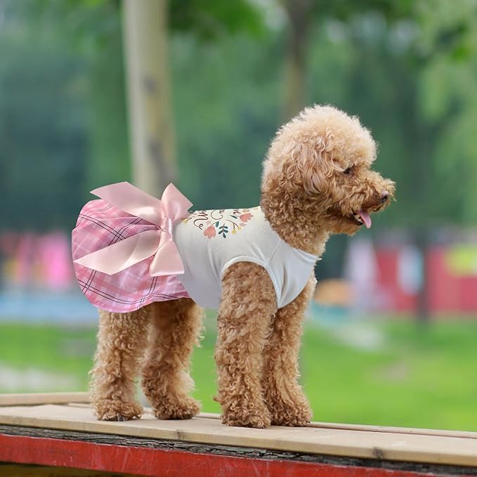 Idepet Dog Dress Love You Mom, Mother's Day Dog Dresses Puppy Skirt Pet Apparel Daisy Sleeveless Holiday Clothes for Small Dogs Girls and Cats, Pink Plaid, Small