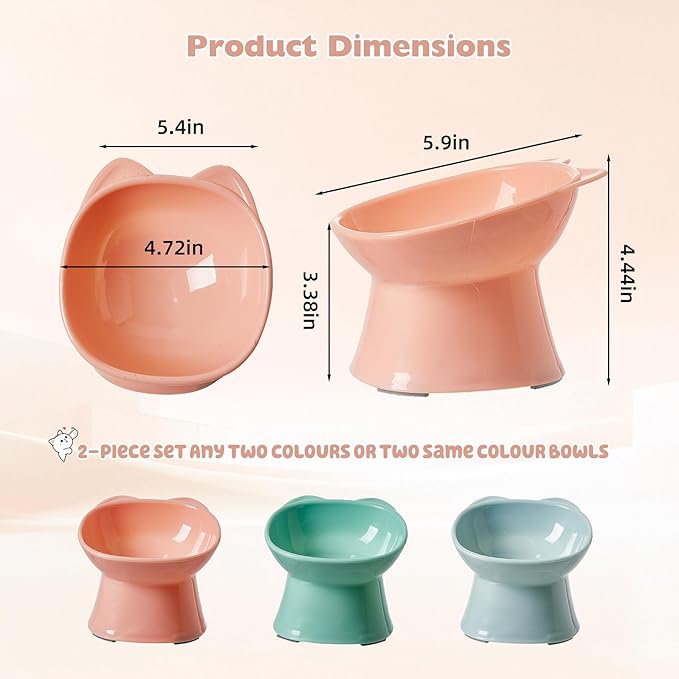 KSIA Klear Elevated Cat Bowls 2 Pack, Tilted Raised Cat Bowls for Indoor Cats, for Food and Water, 4.72" Wide, Whisker Friendly Anti Vomit for Indoor Cats, Microwave and Dishwasher Safe, Pink&Green