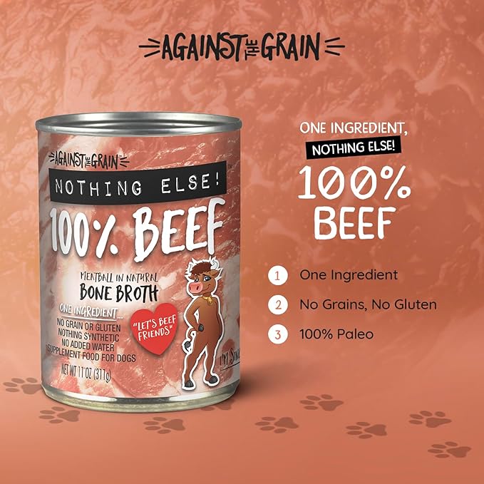Evanger's Against The Grain Nothing Else! 100% Beef Dog Food – 12 Count, 11 oz Each – Single-Ingredient Meatball Texture in Natural Broth – Wet Dog Food – Grain & Gluten Free