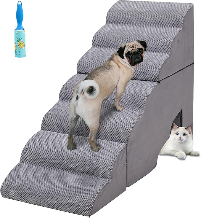Dog Stair for High Beds 32 inches Tall, 33D Foam Dog Ramp for Bed 32 inches, 7-Step Pet Stair Steps for Small Large Dogs for Bedsides Climbing, Non-Slip Doggie Steps for Older Dogs/Cats, Grey
