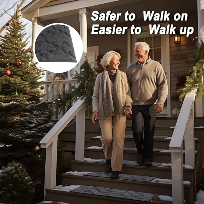 Aucuda 2pcs 8.5" x 30" Stair Treads for Elders and Dogs on Wooden Steps Indoor, Winter, Non Slip Stair Runner Rug Ice Insulation with Rubber Backing, Knot Staircase Mat Carpet for Outdoor Grip.