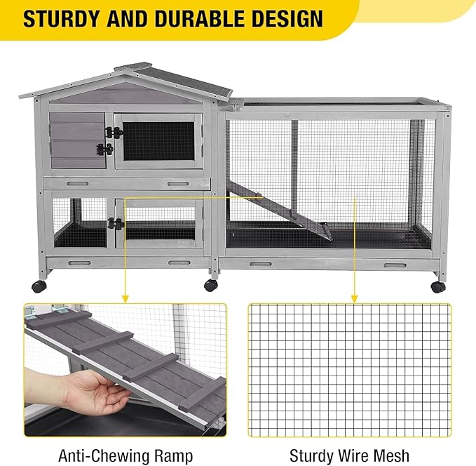 Aivituvin Rabbit Hutch Indoor 2 Story Bunny Cage Outdoor Guinea Pig Cage with Caster Wheels Chicken Coop with Run, 3 Pull Out Tray Grey