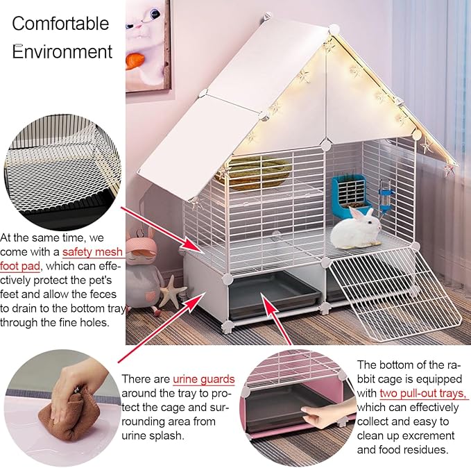 Choowin 2-Story Small Rabbit Cage Bunny Hutch Guinea Pig Cage Small Animals Cage, Metal Wire Netting Villa with Pull-Out Tray, Indoor Habitat Cage for Ferret Chinchilla Hedgehog, White
