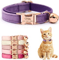 Personalized Non-Breakaway Cat Collar with Name, Luxury Soft Velvet Custom Engraved Name Collar with Bell for Kittens & Cats (Purple, L (7.5-12.5 inches))