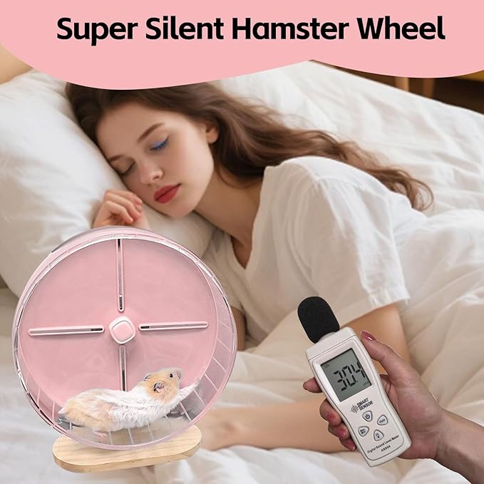 Silent Hamster Wheel,10.2 Inch Quiet Spinner Syrian Hamster Running Wheel,Anti-Skid & Adjustable Stand for Gerbils, Rats, or Other Small Pets,Pink