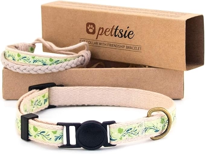 Pettsie Breakaway Cat Collar & Matching Friendship Bracelet – Adjustable, Soft Cotton Collar for Cats, Quick-Release Safety Buckle, Lightweight, Stylish, Designed for Cat Lovers, Green