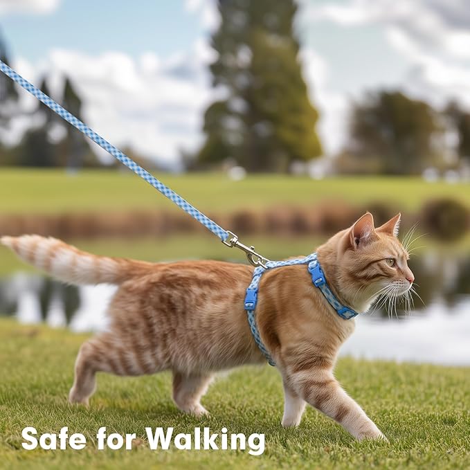 azuza Cat Harness and Leash Set for Safe Walking and Travel, Escape Proof Cat Harness, Lightweight Soft and Comfortable, Adjustable Kitten Harness for Small Medium Large Cats, Blue Plaid