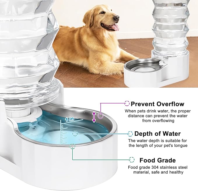 RIZZARI Gravity Dog Water Dispenser: Ion Exchange System with Activated Carbon-Helps Prevent Urinary Stones-8L Large Auto-Refill Stainless Steel Pet Waterer for Busy Owners-Living Room-Backyard