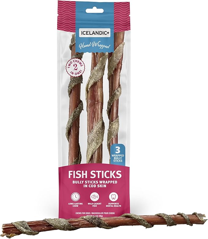 Icelandic+ Fish Sticks - Bully Stick Wrapped in Cod Skin - 3 Pack, 12" - Dog Treats, 2 Ingredient Chews, Hand-Wrapped Wild-Caught Fish, Pet Snacks