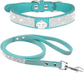 Cute Dazzling Sparkling Elegant Fancy Soft Suede Leather Bling Rhinestone Crystal Jeweled Pet Cat Dog Puppy Collar Dog Leash Combo Set (S(Neck 10-12.5"), Light Blue-4)