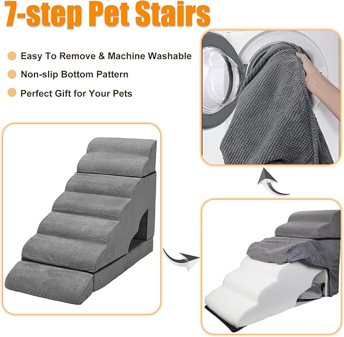 A.FATI 7 Tier Dog Stairs for High Beds, 34" H Non-Slip Foam Dog Steps, 30D Foam Doggie Ramp, 3 in 1 Pet Stair & Bed for Small/Elderly Dogs/Cats, Dark Gray