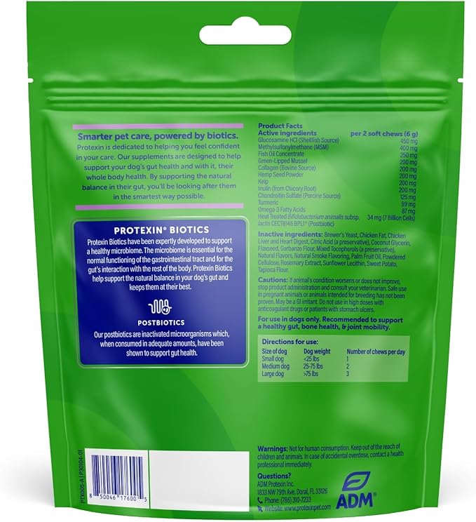 Protexin Daily Care Gut+ Mobility | 60 Dog Chews, Chicken and Bacon Flavor Dog Supplement | Probiotics for Dogs, Dog Postbiotics