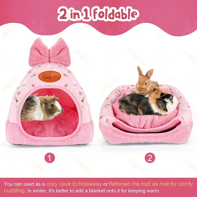 YUEPET Bunny Bed Warm Guinea Pig Cave Beds Cute Bowknot House Big Hideouts Cage Accessorie for Dwarf Rabbits Hamster Bunny Ferrets Rats Hedgehogs Chinchilla(Carrot)