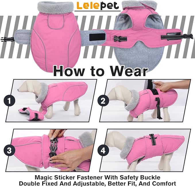 Lelepet Warm Dog Coats for Large Dogs Waterproof Dog Winter Jacket Reflective Pet Fleece Vest Windproof Cold Weather Coats with Adjustable Buckle & Leash Hole, Pink, L
