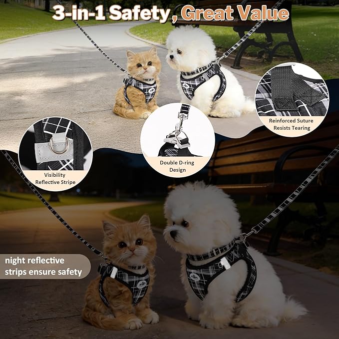 Gyuzh No Pull Cat Harness - 3-in-1 Step in Harness Collar Leash Set for Puppy & Kitten Walking & Training, Lightweight Plaid Vest (Black, M)