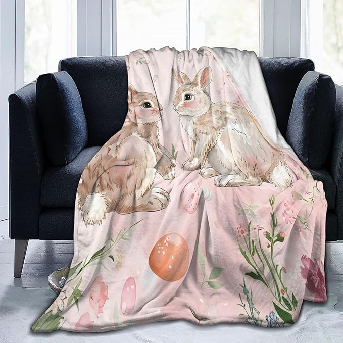 Cute Rabbit Blanket Bunny Flower Decor Pink Throw Blanket Gifts for Girls Boys Rabbit Lover Couch Bedding Super Warm Soft Plush Lightweight Fleece Flannel Blanket for Kids Adults Men Women 80"X60"