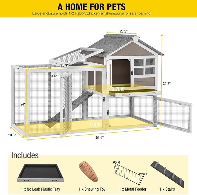 Aivituvin 51.6''L Rabbit Hutch Outdoor Chicken Coop Indoor Bunny Cage with Run,Guinea Pig House Pull Out Upper Tray 51.6" L x 25.2" W x 36.2" H (Brown)