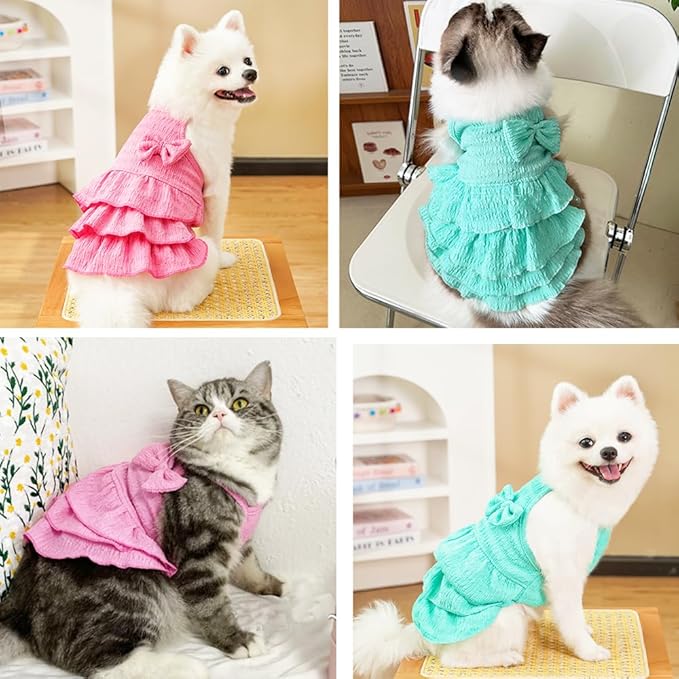 2 Pack Summer Dog Dresses with Bow Girl Puppy Clothes for Small Dog Spring Cat Outfit Sleeveless Pet Tiered Layered Cake Dress for Kitten Chihuahua Pomeranian Yorkie (Pink Blue, X-Large)