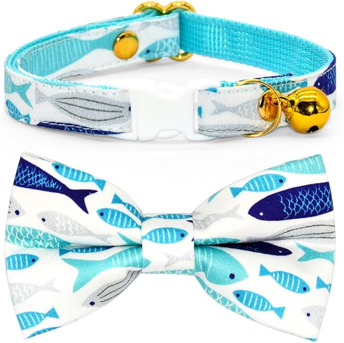 Fish Cat Bow Tie Collar, Blue Cat Collar, Breakaway with Bell, Wedding/Birthday Cat Accessories