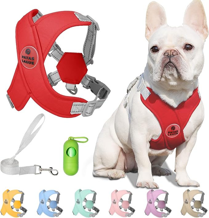 Patas Lague Dog Harness with Leash Set Adjustable Soft Padded Step-in Dog Vest No Choke No Pull Reflective for Small Medium Pets with Poop Bags and Dispenser, Solid and No-chew, Red M