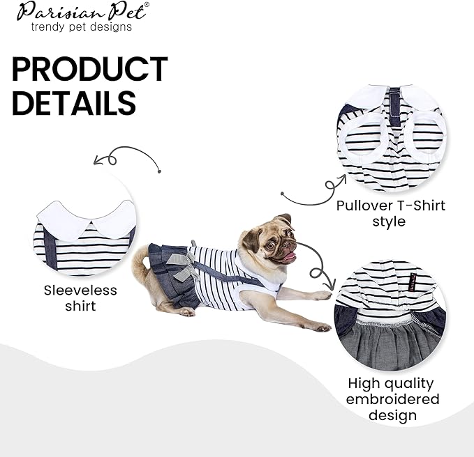 Parisian Pet Preppy Dog Dress - Summer Clothes for Medium Dogs Girl - Stylish Sleeveless Pet Outfit - Designer Dog Apparel - Lightweight and Breathable Puppy Clothes - Comfortable Skirt for Dogs