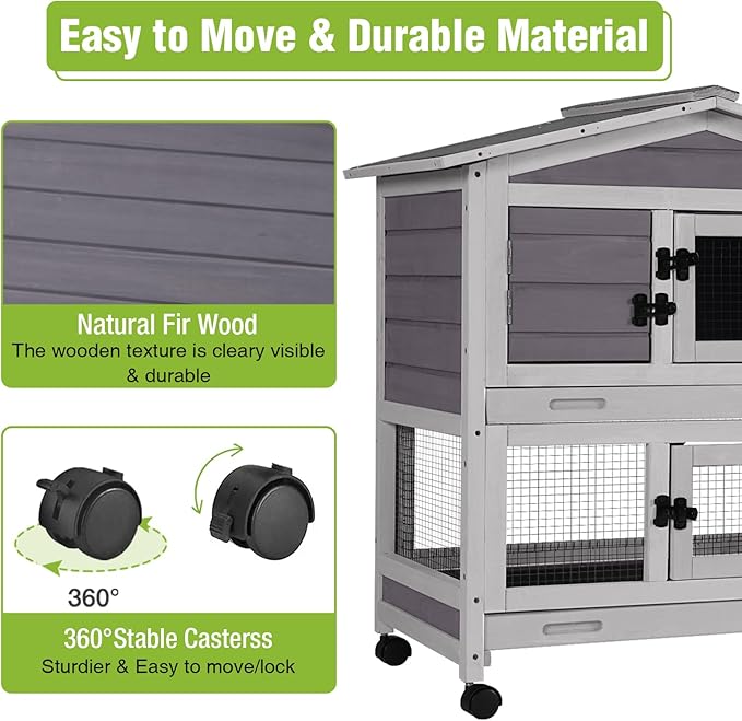 Large Rabbit Hutch Indoor Outdoor, Wooden Rabbit Cage with Wheels, 62'' Mobile Bunny Cage with Chew-Proof Ramp, Pull-Out Tray, Waterproof Roof, Guinea Pig Habitat (Grey)