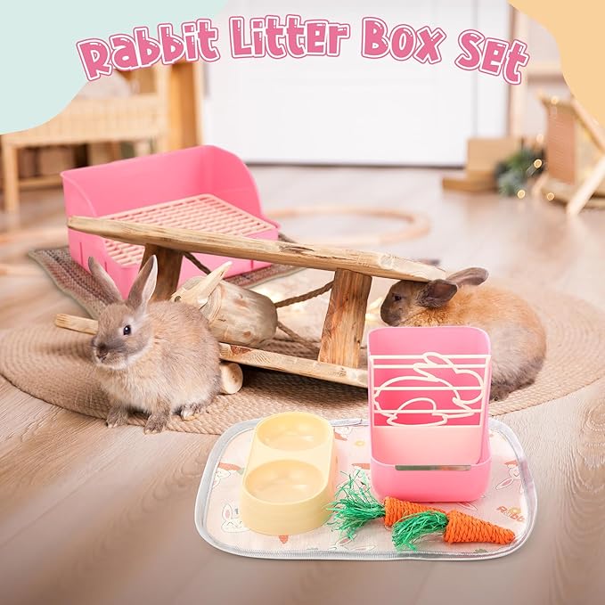 Honeydak 10 Pcs Rabbit Starter Kit Small Litter Box Bunny Grooming Kit Scratch Pads Hay Feeder Bowl Ice Pad with Bunny Toys for Guinea Pig Rabbit Accessories(Pink)