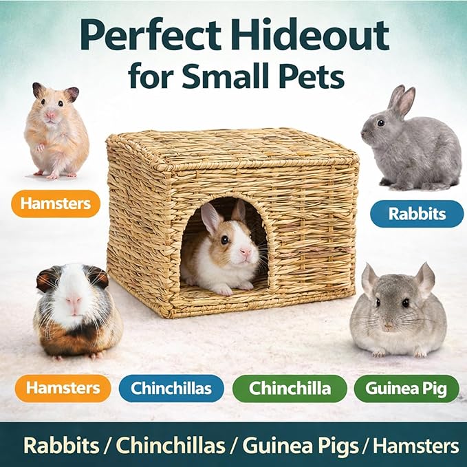 HERCOCCI Extra Large Grass House for Rabbit, Foldable & Comfortable - Small Animal Hut Play Hideaway Bed Hay Mat Chew Toy for Bunny Guinea Pig Hamster Chinchilla (1 Pack)