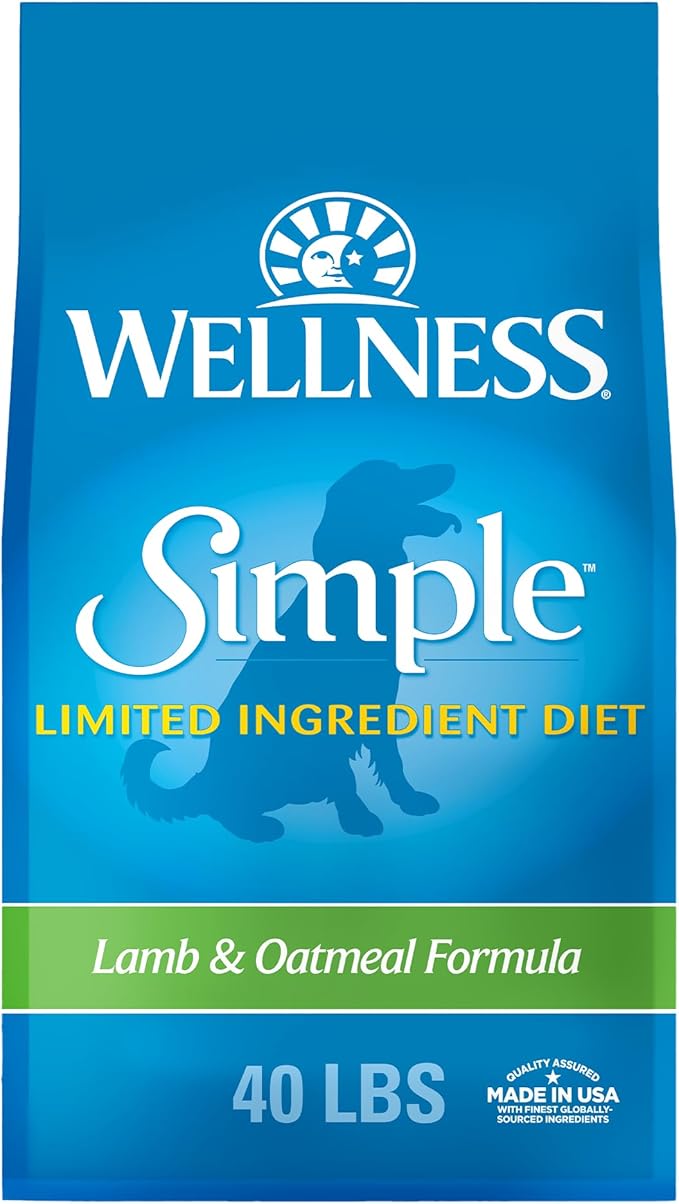 Wellness Simple Limited Ingredient Dry Dog Food for Sensitive Stomachs, Supports Skin & Coat, Wholesome Grains, Natural, Lamb & Oatmeal Recipe,(40-Pound Bag)
