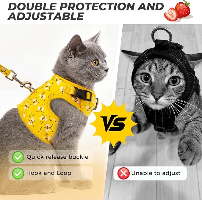 Cat Harness with Leash and Collar for Walking - Escape Proof with 59 Inches Leash - Adjustable Soft Vest Harnesses for Medium Large Cats Bee