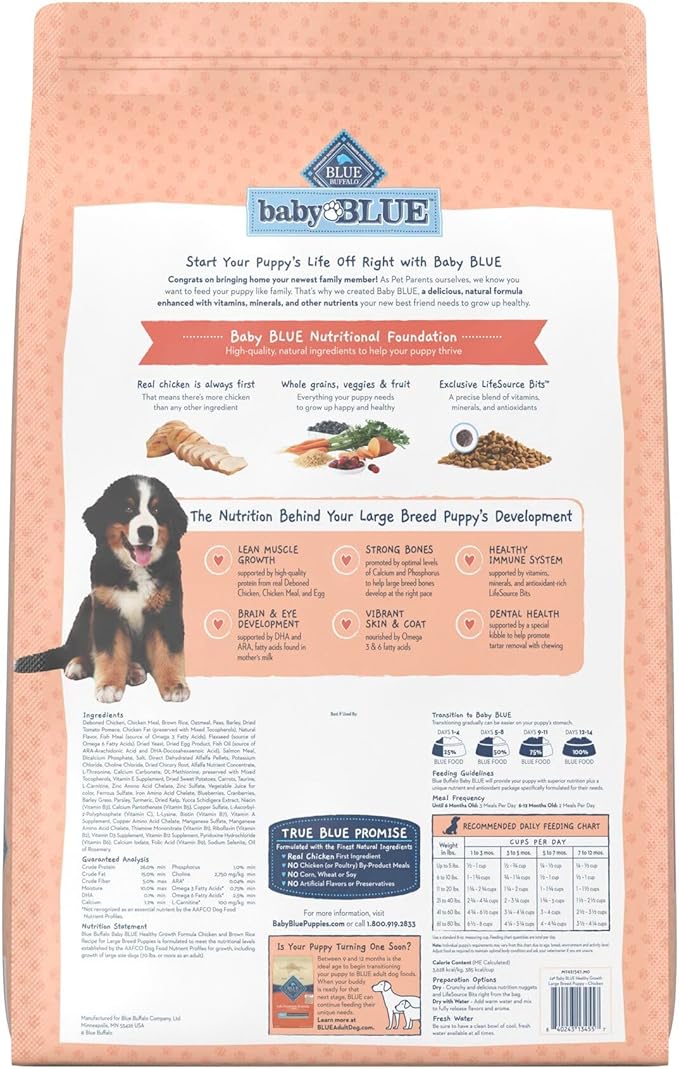 Blue Buffalo Baby Blue Natural Large Breed Puppy Dry Dog Food, Healthy Growth Formula with DHA, Chicken and Brown Rice Recipe, 24-lb Bag