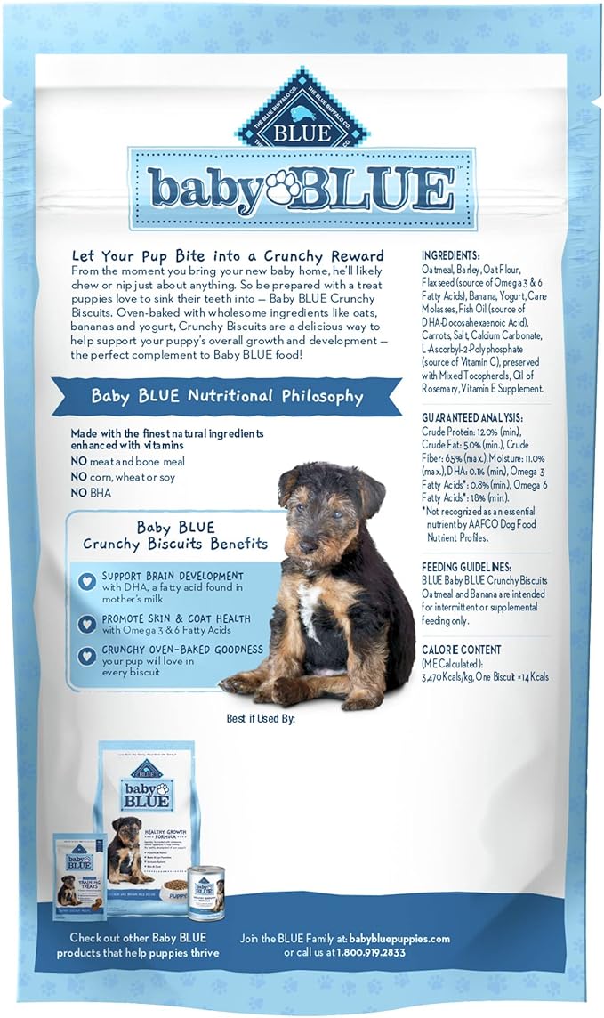 Blue Buffalo Baby Blue Crunchy Biscuits with DHA, Crunchy Dog Treats for Puppies, Made with Natural Ingredients, Oatmeal & Banana, 8-oz. Bag (Pack of 2)