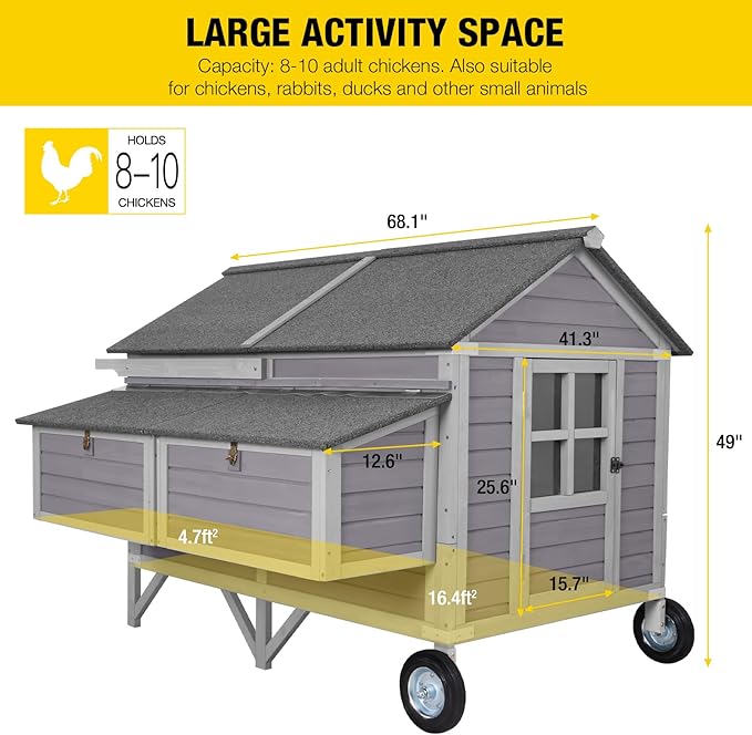 Chicken Coop Super Large Mobile Hen House with Wheels,Strong Iron Frame Outdoor Poultry Cage with Nesting Box,Duck Coop,Rabbit Cage Waterproof