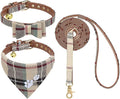 EXPAWLORER Puppy Collar and Leash Set - Embroidery Pawprints Plaid Dog Collar and Dog Leash Set, Bow Tie and Bandana Dog Collar with Bell, Collar and Leash for Dogs Cats Outdoor Walking, Beige S