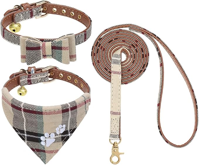 EXPAWLORER Puppy Collar and Leash Set - Embroidered Pawprints Plaid With Bow Tie, Bandana, and Bell for Dogs Cats Outdoor Walking, Beige XS