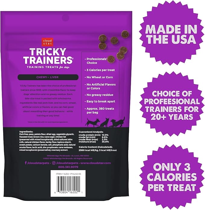(3 Pack) Cloud Star Tricky Trainers Chewy Dog Treats Whole Grain Soft for Adult & Puppy - Liver 14oz Each with 10ct Pet Wipes