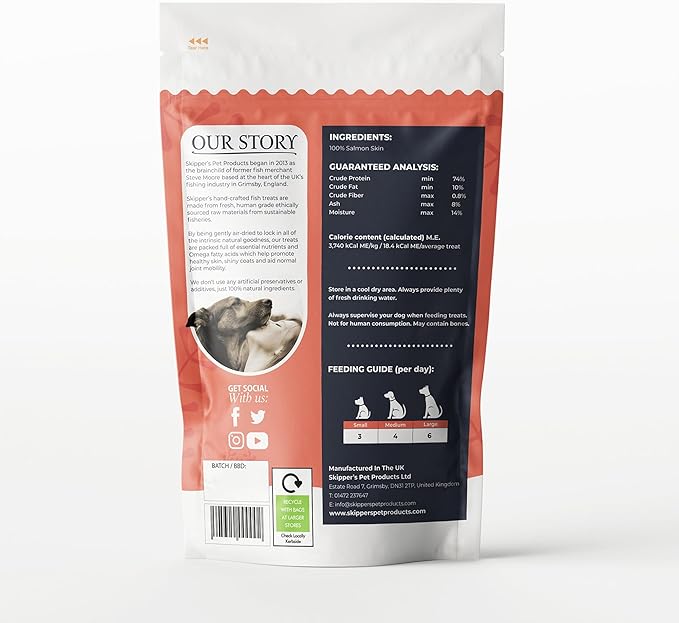 SKIPPER'S Salmon Skin Snacks Dog Treats - Gently Air Dried 100% Salmon Skin Chews, Great for Cleaning Teeth, Essential Omega 3 Oil, Hypoallergenic, Wheat & Gluten Free Fish Treat for Dogs | (3.52 Oz)