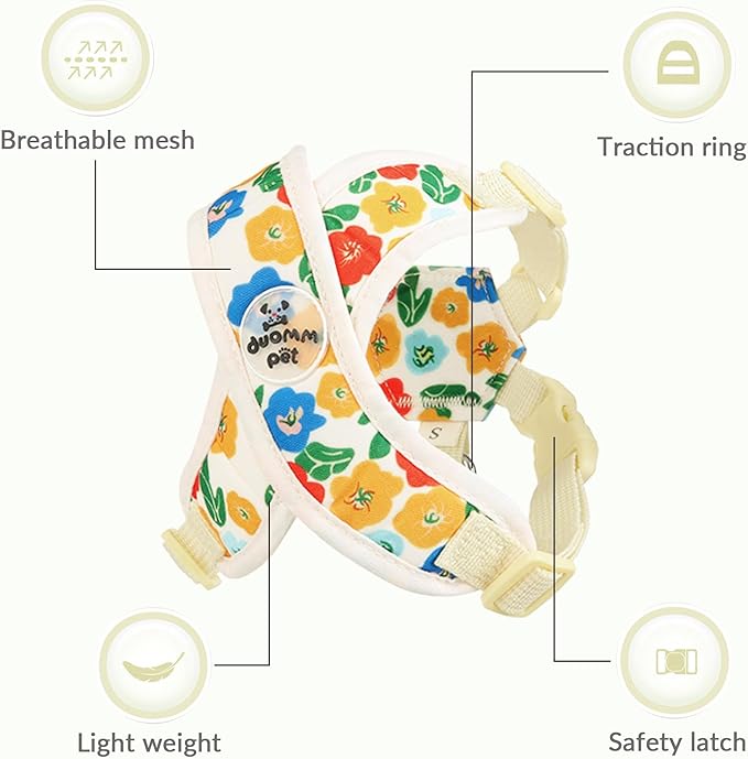 Patas Lague Dog Harness with Leash Set Adjustable Soft Padded Step-in Dog Vest No Choke No Pull Reflective for Small Medium Pets with Poop Bags and Dispenser, Solid and No-chew, Floral Yellow S