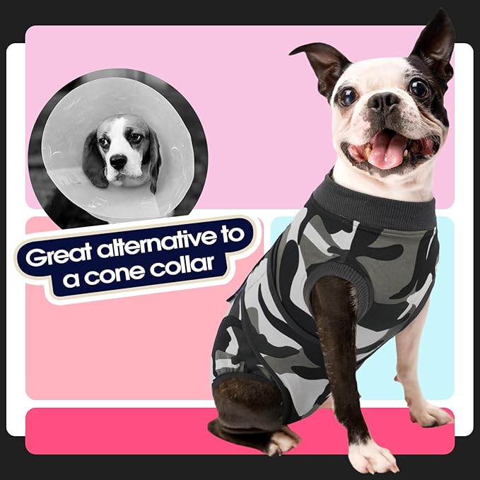 FUAMEY Dog Recovery Suit Male,Dogs Surgery Neuter Suits Puppy Spay Shirts for Female Protect Dog's Skin Anti Licking Abdominal Wounds Doggie Onesie Pet Bodysuit Alternative to Cone Grey Camouflage XXL