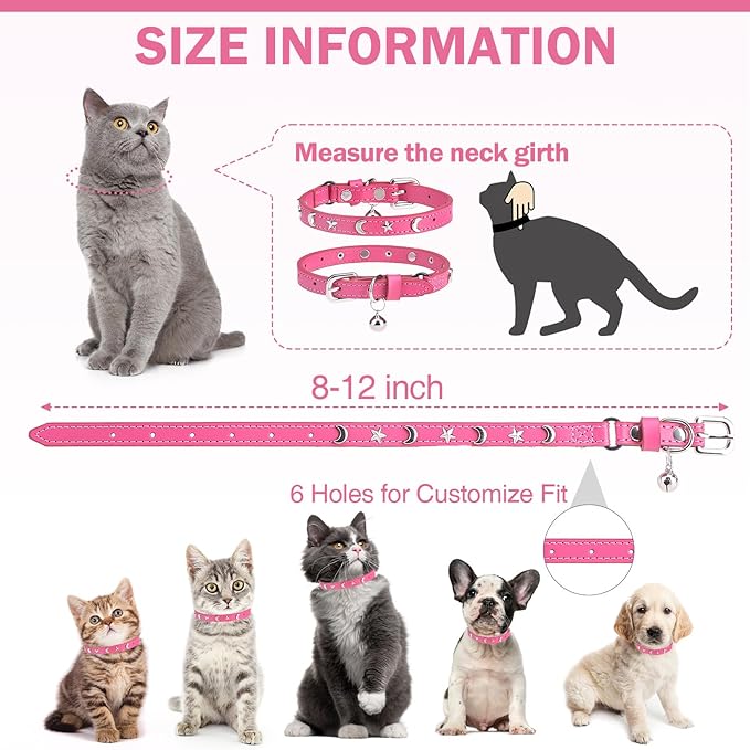 Leather Cat Collars for Boy Girl Cats with Bell and Safety Elastic Belt, Personalized Star and Moon Stud Adjustable Safe Buckle Collar for Kitty Small Big Cats Size 7-9 Inch, Rose