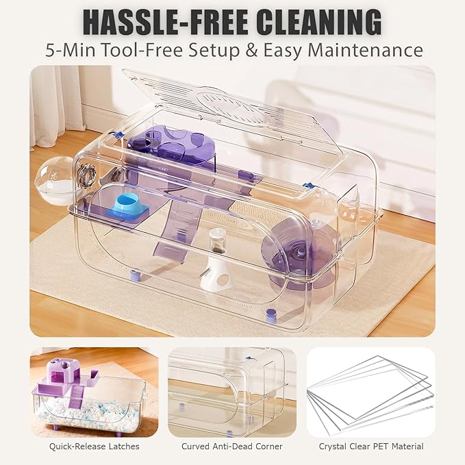 Large Hamster Cage 24" L×14" H - 360° Clear TV Shaped Pet Enclosure with 12-in-1 Starter Kit, 2-Tier Acrylic Habitat with Deep Burrowing Base, Silent Wheel for Syrian, Dwarf Hamsters & Gerbil Cage