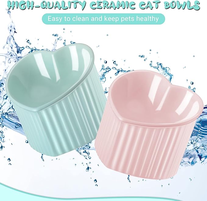 Mumufy 2 Pcs Ceramic Elevated Cat Bowls Tilted Elevated Raised Pet Bowls Anti Vomit Cat Dish for Indoor Stress Free Water Dish Feeder for Puppies, Heart Shaped(Macaron Blue, Pink)