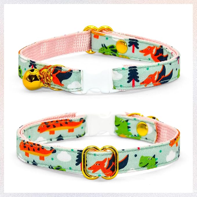 Cute Dinosaur Cat Bow Tie Collar, Green Cat Collar, Breakaway with Bell, Safety Plastic Buckle Collar for Cats