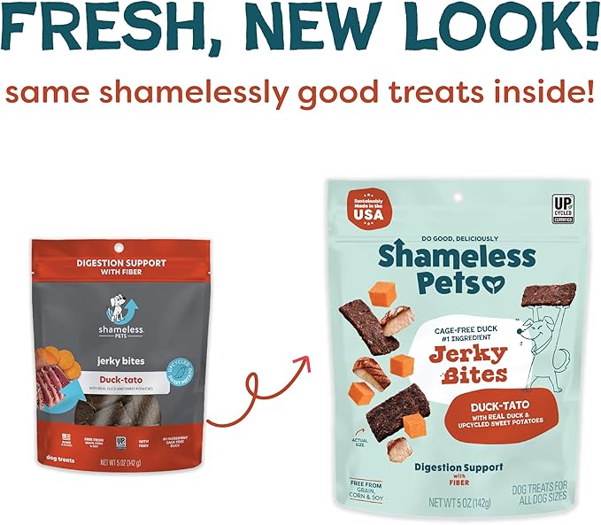 Shameless Pets Jerky Bites Treats, Duck-Tato - Healthy Dog Chews for Digestion Support with Fiber - Dog Treats with Real Cage-Free Duck - Free from Grain, Corn & Soy - 14 oz