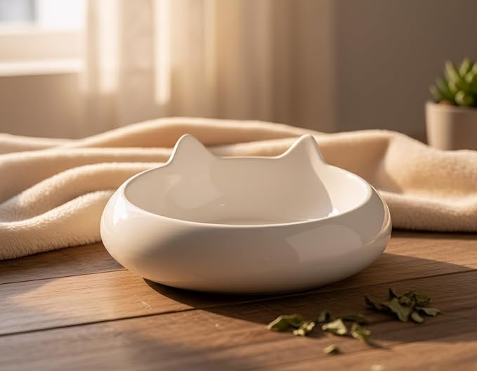 Cat Bowls, Cat Food Bowl with Ears, Ceramic Cute Kitten Water Bowl 7.1oz, Slanted Kitten Feeding Dish 6.5 inch, Whisker Fatigue Friendly, Adorable and Multi-Use Gift for Girls